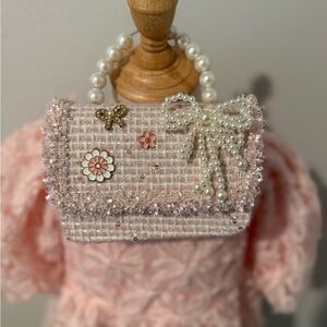 Pink Tweed Top Handle Handbag with Pearl Accents Boutique Fashion